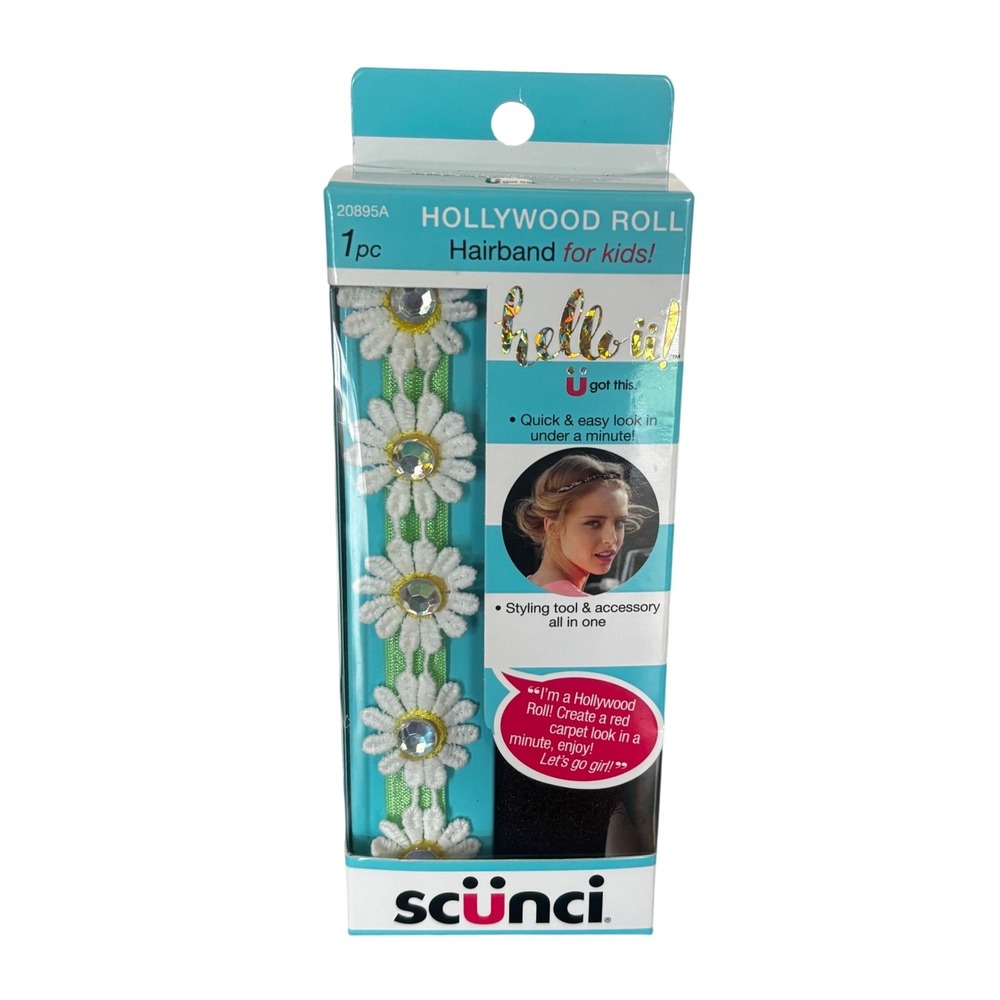 Scunci Hollywood Roll Kids Hairband Daisy Floral Rhinestone Green White 20895A